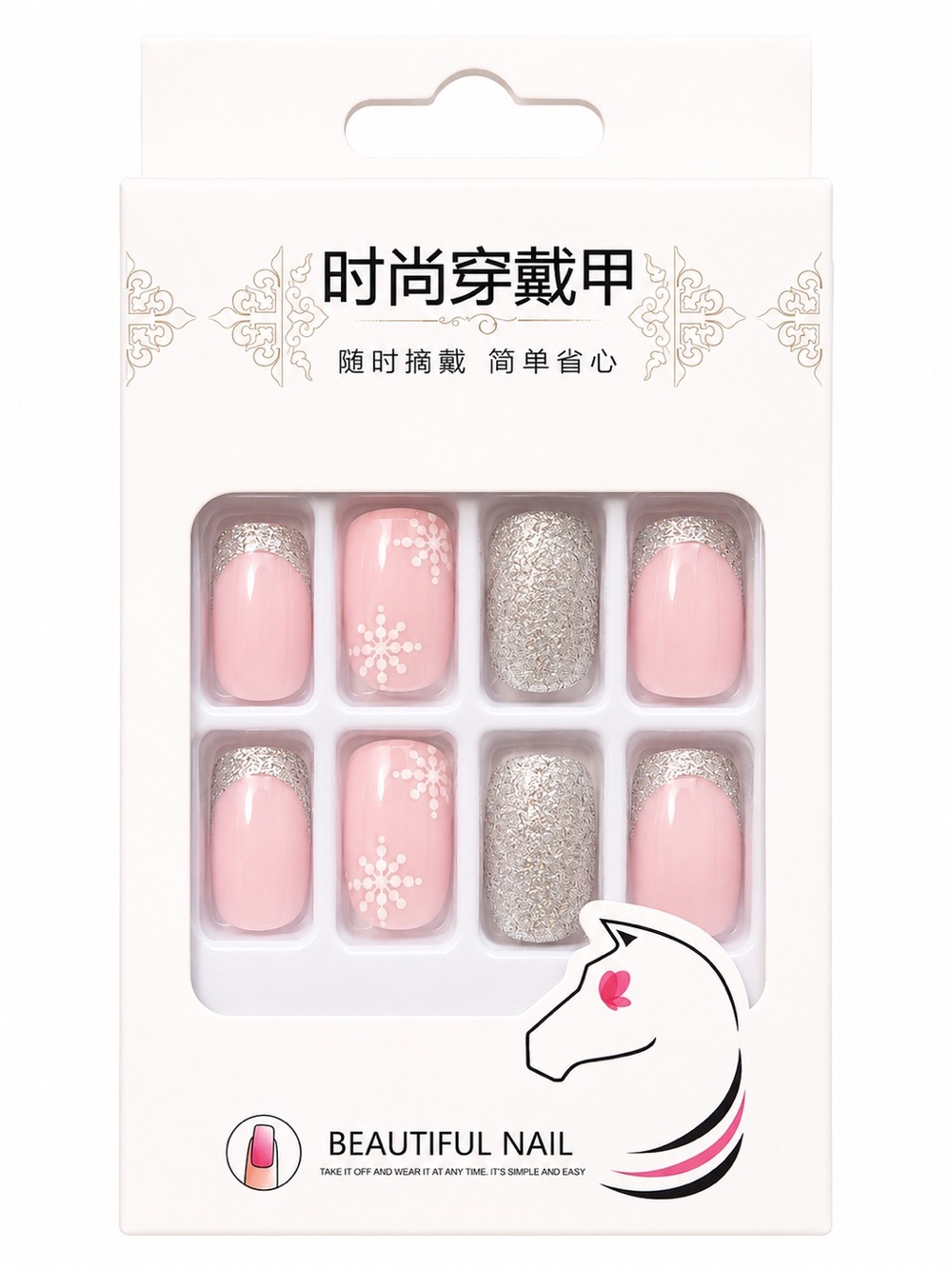 Pink Silver Glitter Press-On Nails 24pc Snowflake Winter Glam - Picture 1 of 1